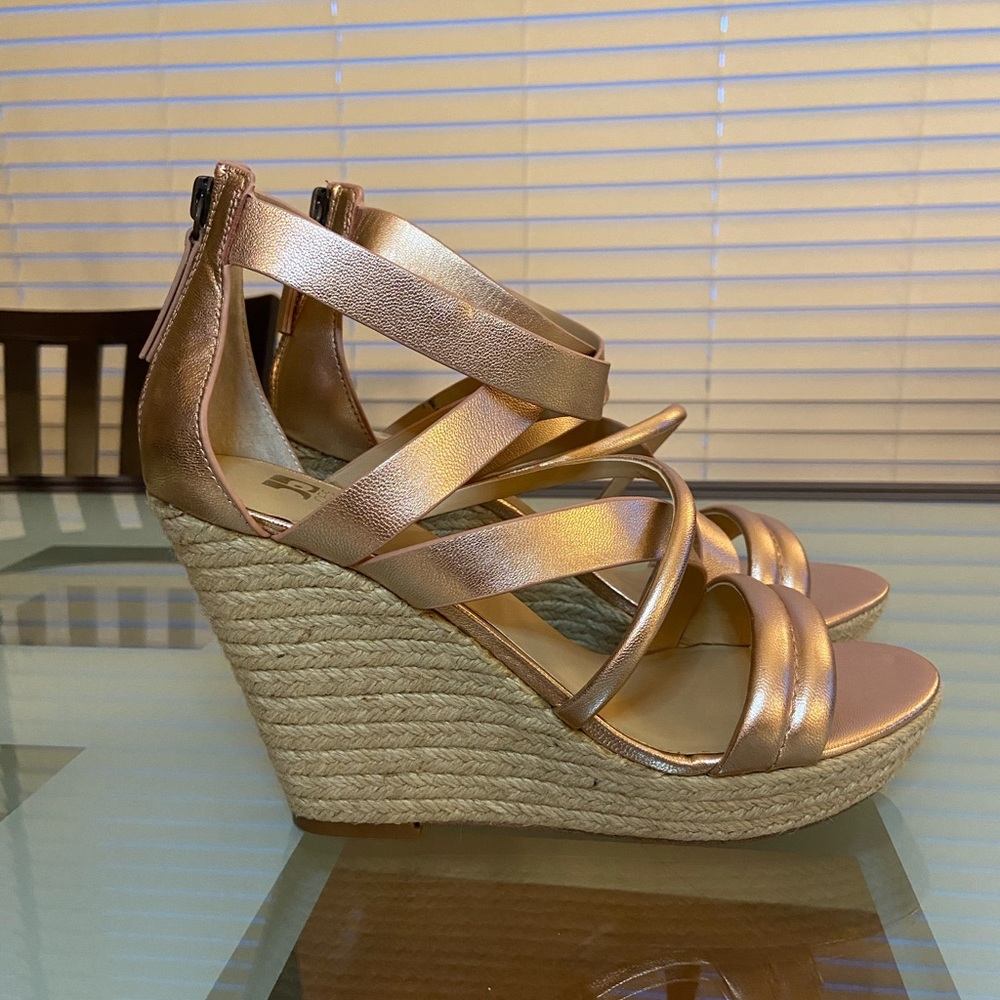 Joe’s Jeans Rose Gold Leather Wedge Sandal